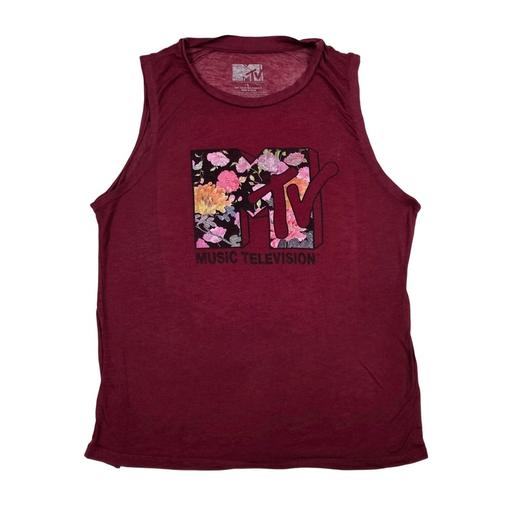 MTV Music Television Floral Logo Graphic Tank Top Maroon Burgundy Large 2017